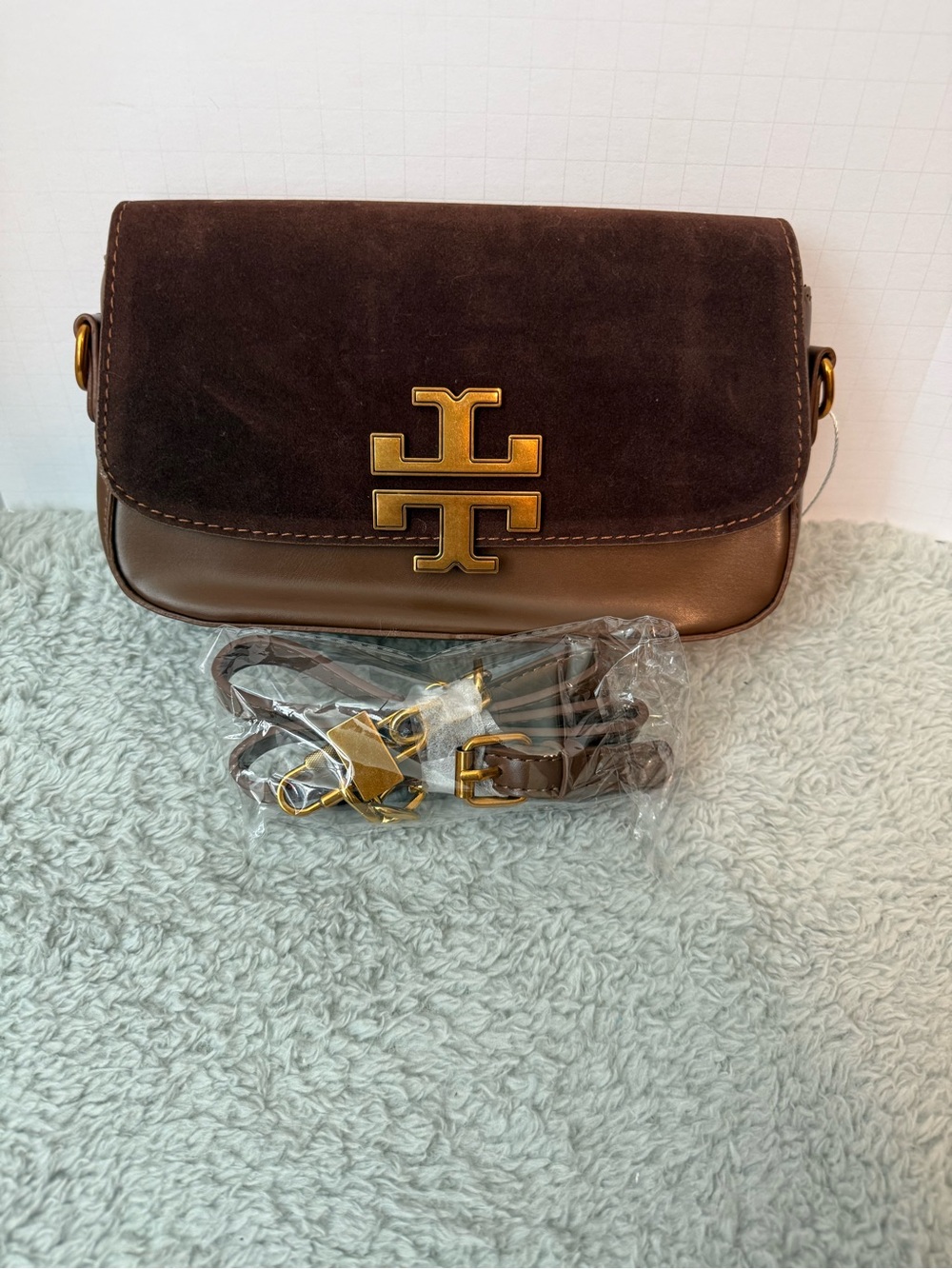Women's Brown Suede & Leather Crossbody with Gold Logo